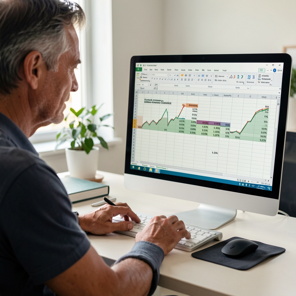 Contador revisando estados contables en pantalla de computadora con hojas de cálculo de Excel mostrando balances y ratios financieros