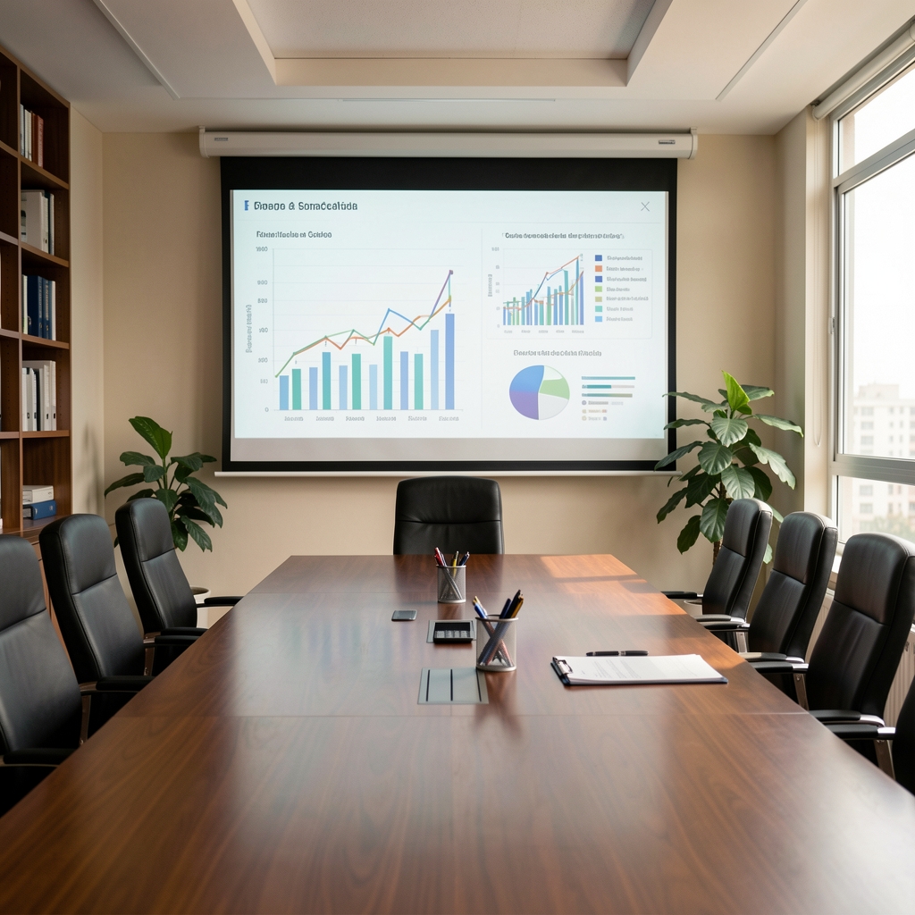 Sala de reuniones de firma contable argentina con pantalla proyectando gráficos de análisis financiero de una empresa del sector energético
