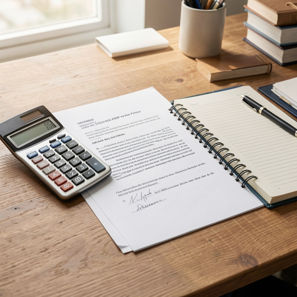 Documento oficial de NIIF para Pymes abierto sobre un escritorio con calculadora y cuaderno de anotaciones de un contador