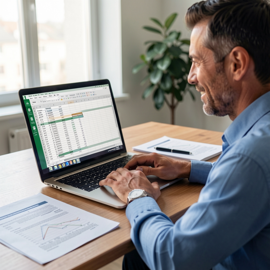 Contador profesional usando una laptop con planillas de análisis financiero en Excel y documentos técnicos de normativa contable sobre el escritorio