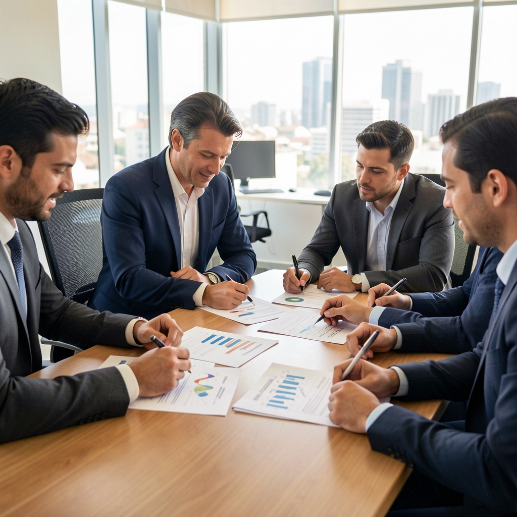 Equipo de contadores revisando estados financieros impresos con gráficos de análisis sobre una mesa de reuniones en una empresa argentina