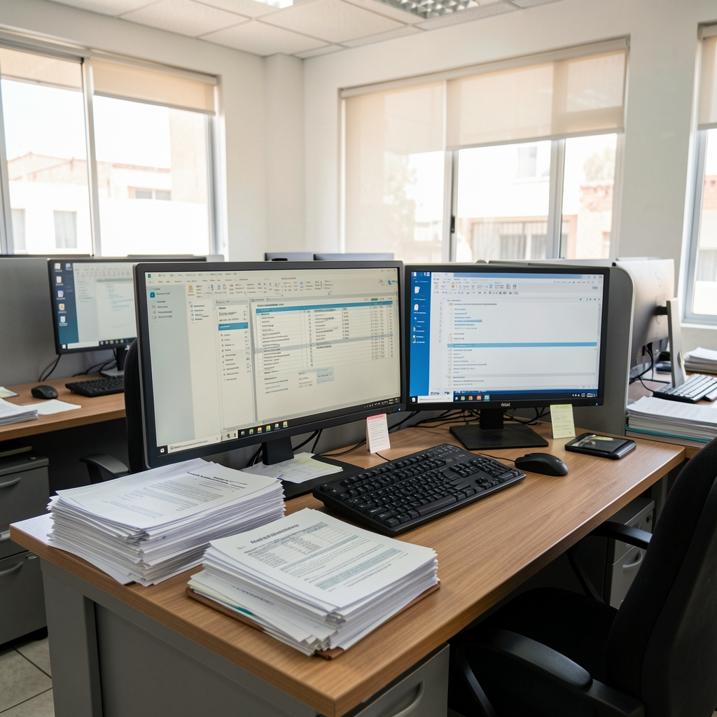 Oficina de contabilidad argentina con escritorios, pantallas mostrando software de gestión y documentos de estados contables apilados sobre mesas de trabajo
